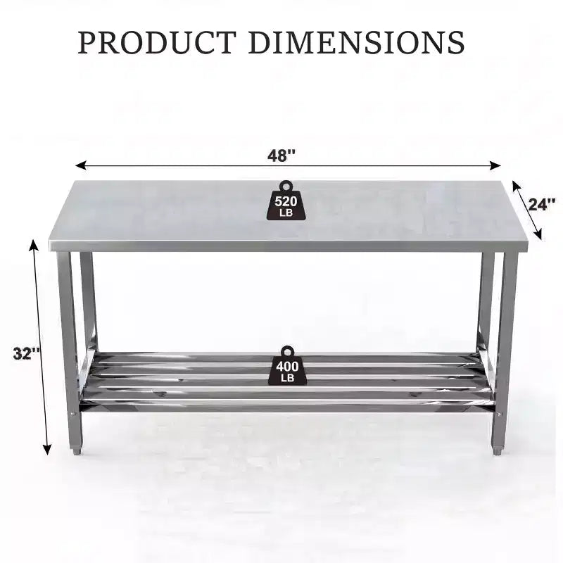 Tavolo da preparazione pieghevole in acciaio inox argento con ripiano regolabile, 1 persona, 3 misure