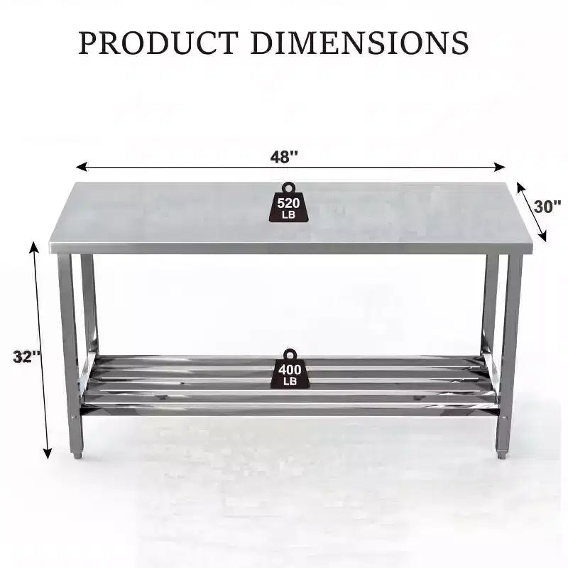 Tavolo da preparazione pieghevole in acciaio inox argento con ripiano regolabile, 1 persona, 3 misure