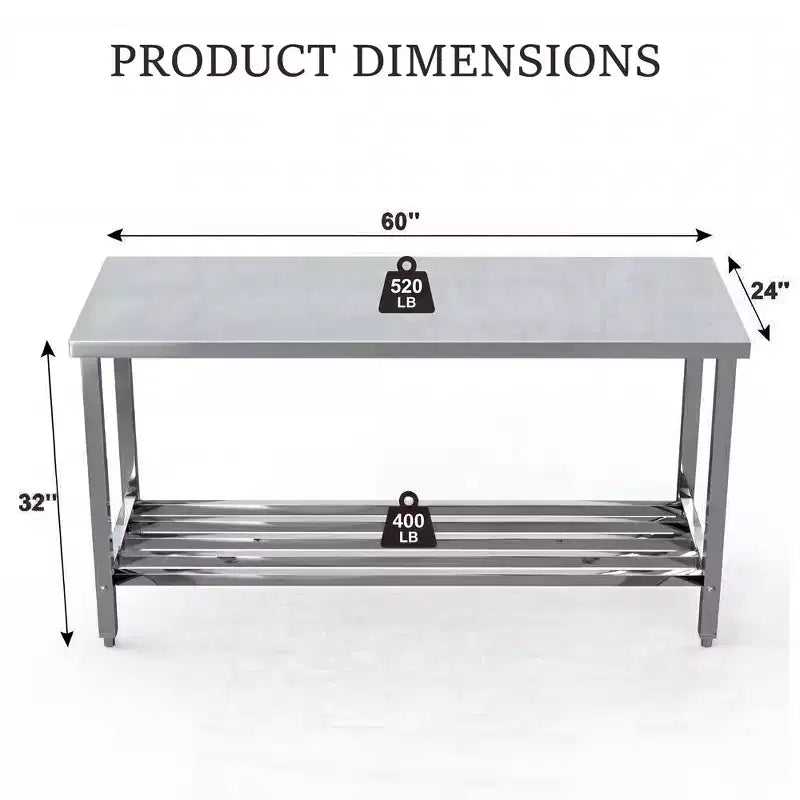 Tavolo da preparazione pieghevole in acciaio inox argento con ripiano regolabile, 1 persona, 3 misure