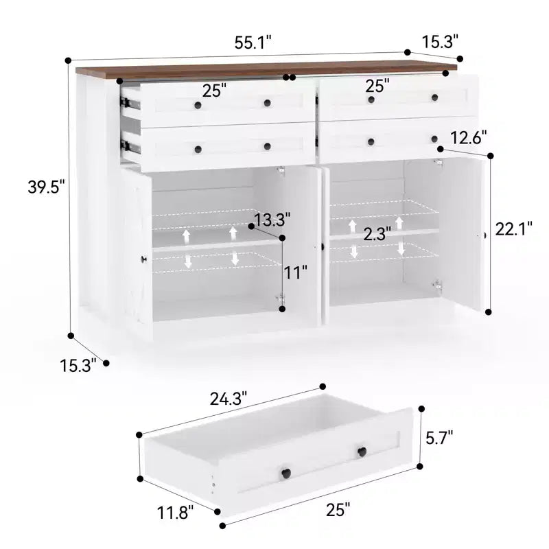 Credenza da buffet per fattoria in bianco e nero – 55 pollici, 4 ante e 4 cassetti, per 1-2 utenti
