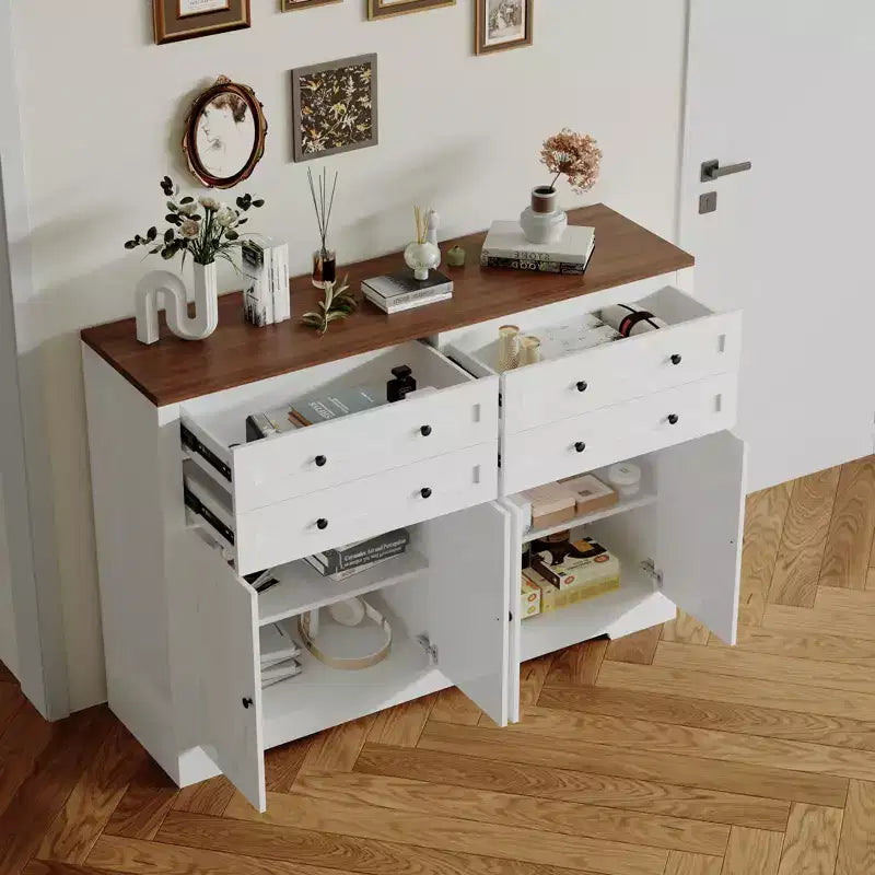 Credenza da buffet per fattoria in bianco e nero – 55 pollici, 4 ante e 4 cassetti, per 1-2 utenti