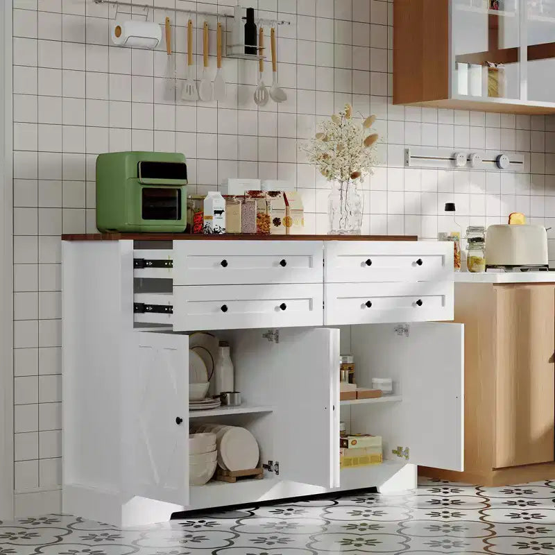Credenza da buffet per fattoria in bianco e nero – 55 pollici, 4 ante e 4 cassetti, per 1-2 utenti