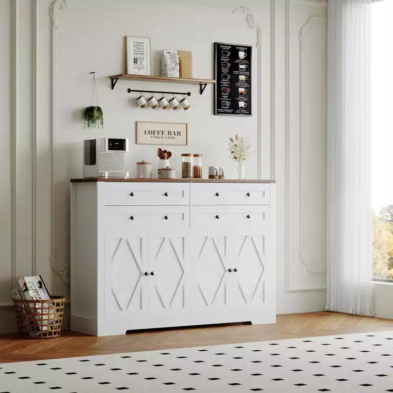 Credenza da buffet per fattoria in bianco e nero – 55 pollici, 4 ante e 4 cassetti, per 1-2 utenti