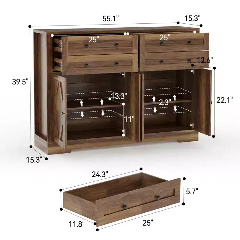 Credenza da buffet per fattoria in bianco e nero – 55 pollici, 4 ante e 4 cassetti, per 1-2 utenti