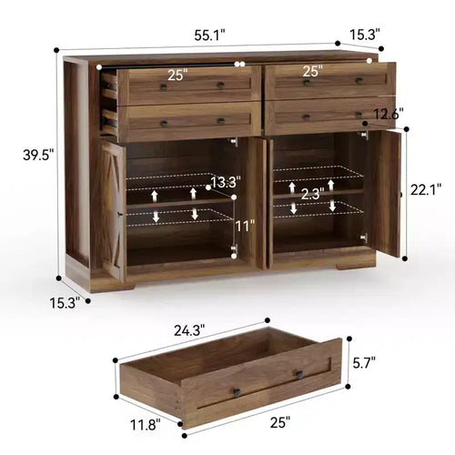 Credenza da buffet per fattoria in bianco e nero – 55 pollici, 4 ante e 4 cassetti, per 1-2 utenti