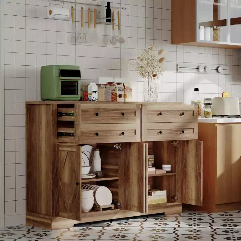 Credenza da buffet per fattoria in bianco e nero – 55 pollici, 4 ante e 4 cassetti, per 1-2 utenti