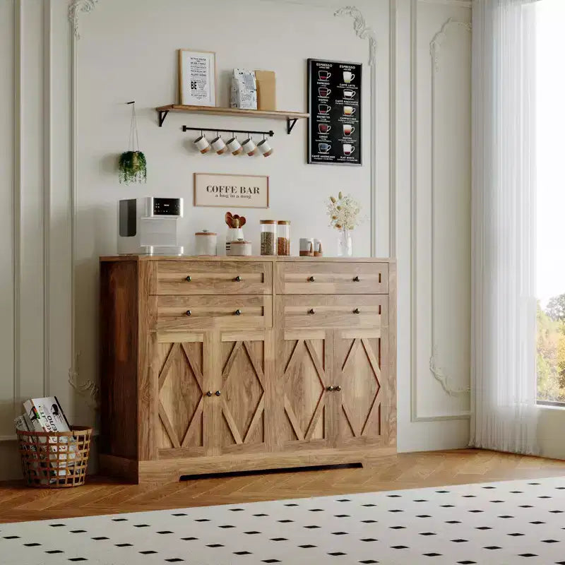 Credenza da buffet per fattoria in bianco e nero – 55 pollici, 4 ante e 4 cassetti, per 1-2 utenti