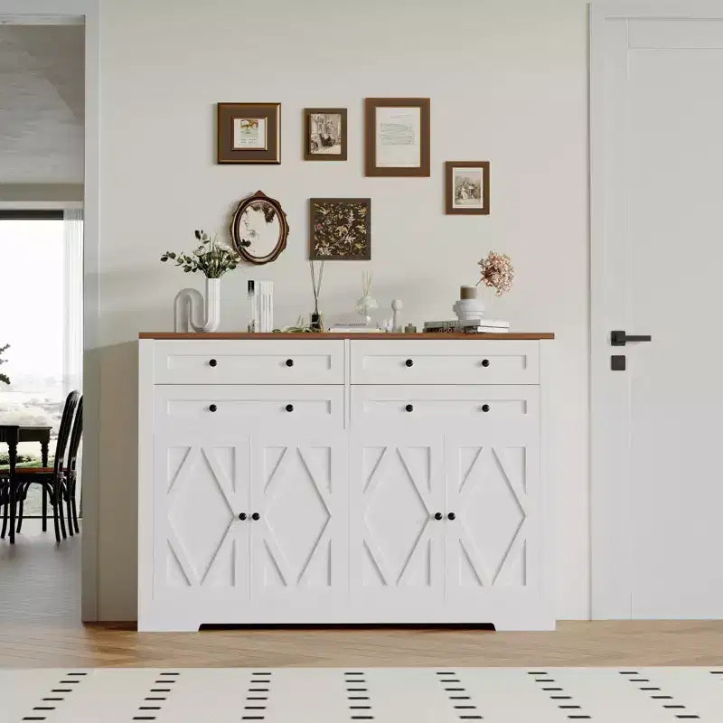 Credenza da buffet per fattoria in bianco e nero – 55 pollici, 4 ante e 4 cassetti, per 1-2 utenti