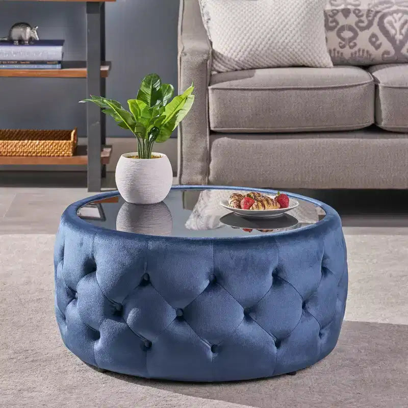 Pouf Contenitore Rotondo in Velluto Blu – 1 Pezzo