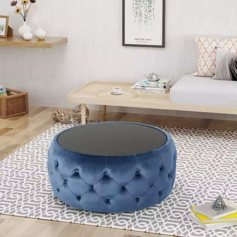 Pouf Contenitore Rotondo in Velluto Blu – 1 Pezzo