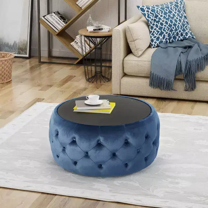 Pouf Contenitore Rotondo in Velluto Blu – 1 Pezzo