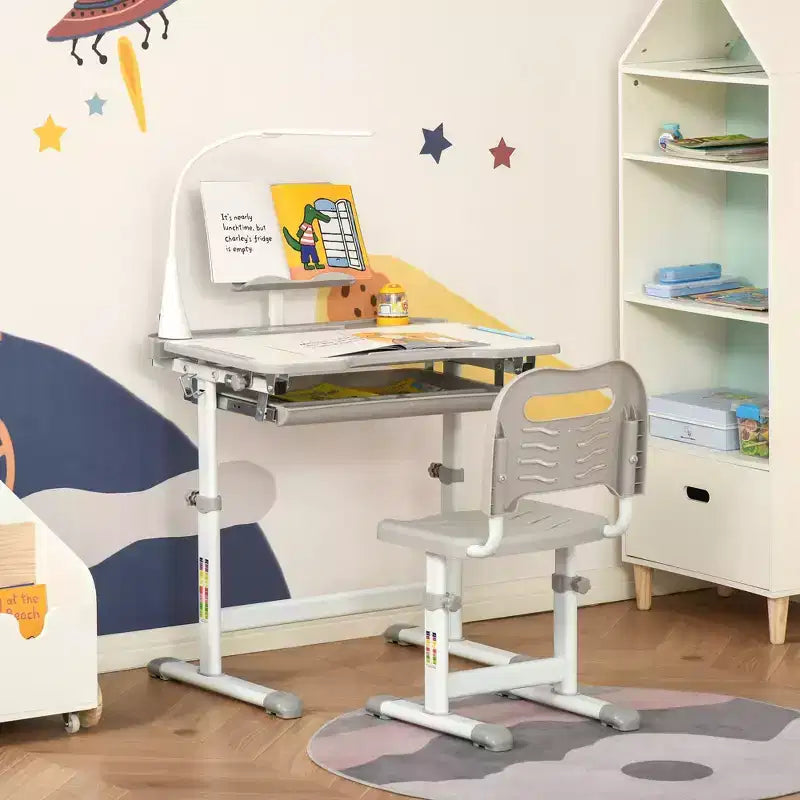 Set Tavolo e Sedia da Studio per Bambini (Blu/Grigio/Rosa) – 1 Posto, Altezza Regolabile con Lampada USB