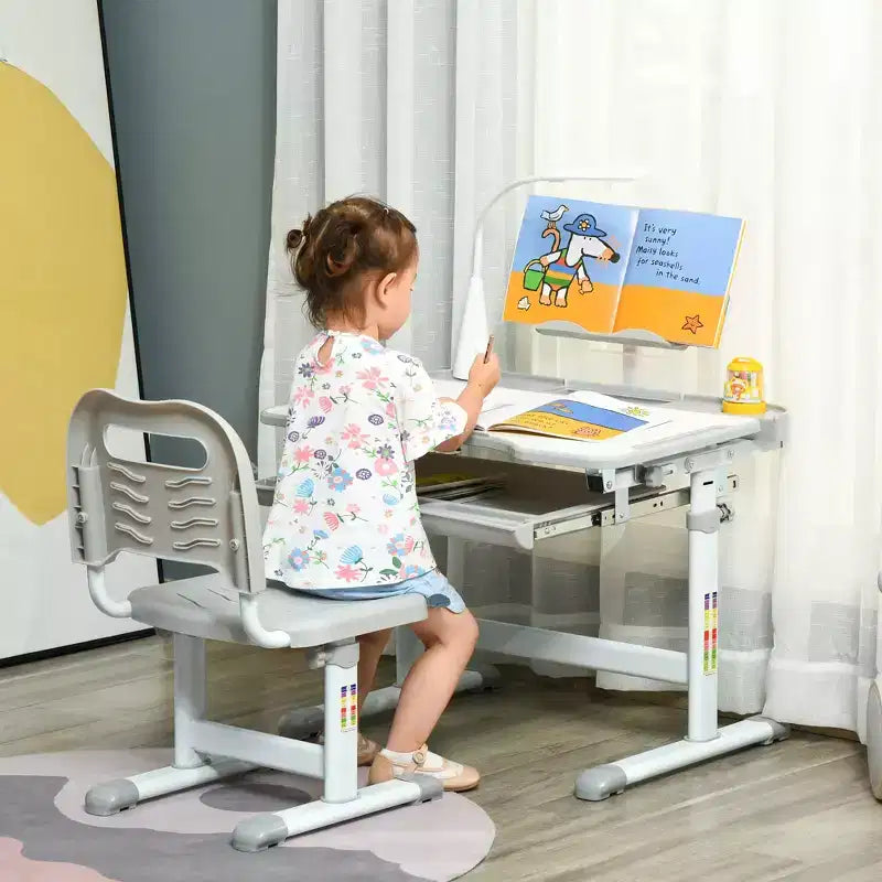 Set Tavolo e Sedia da Studio per Bambini (Blu/Grigio/Rosa) – 1 Posto, Altezza Regolabile con Lampada USB