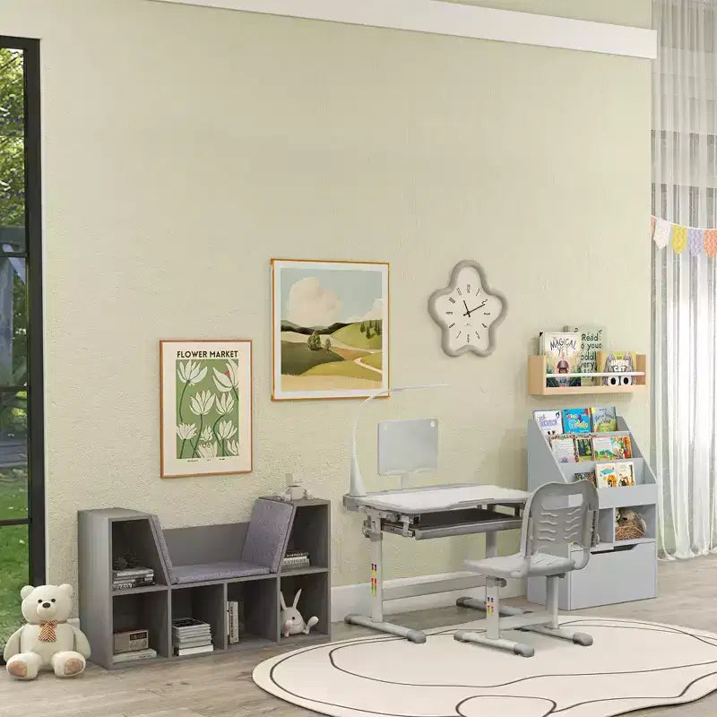 Set Tavolo e Sedia da Studio per Bambini (Blu/Grigio/Rosa) – 1 Posto, Altezza Regolabile con Lampada USB