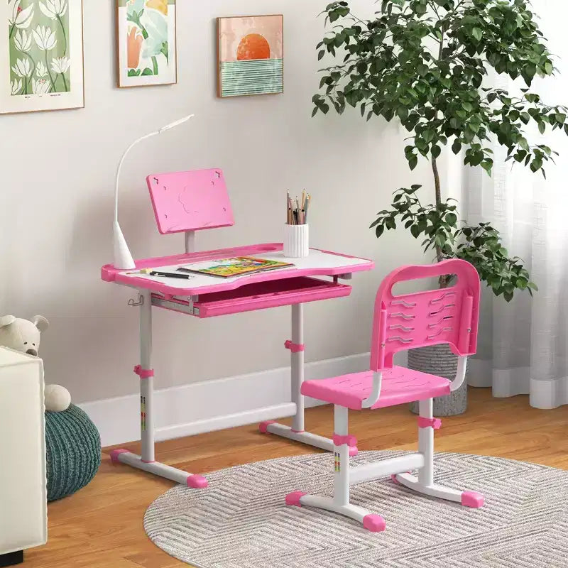 Set Tavolo e Sedia da Studio per Bambini (Blu/Grigio/Rosa) – 1 Posto, Altezza Regolabile con Lampada USB