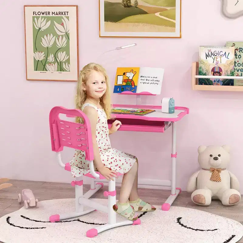 Set Tavolo e Sedia da Studio per Bambini (Blu/Grigio/Rosa) – 1 Posto, Altezza Regolabile con Lampada USB