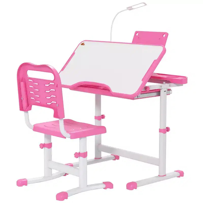 Set Tavolo e Sedia da Studio per Bambini (Blu/Grigio/Rosa) – 1 Posto, Altezza Regolabile con Lampada USB