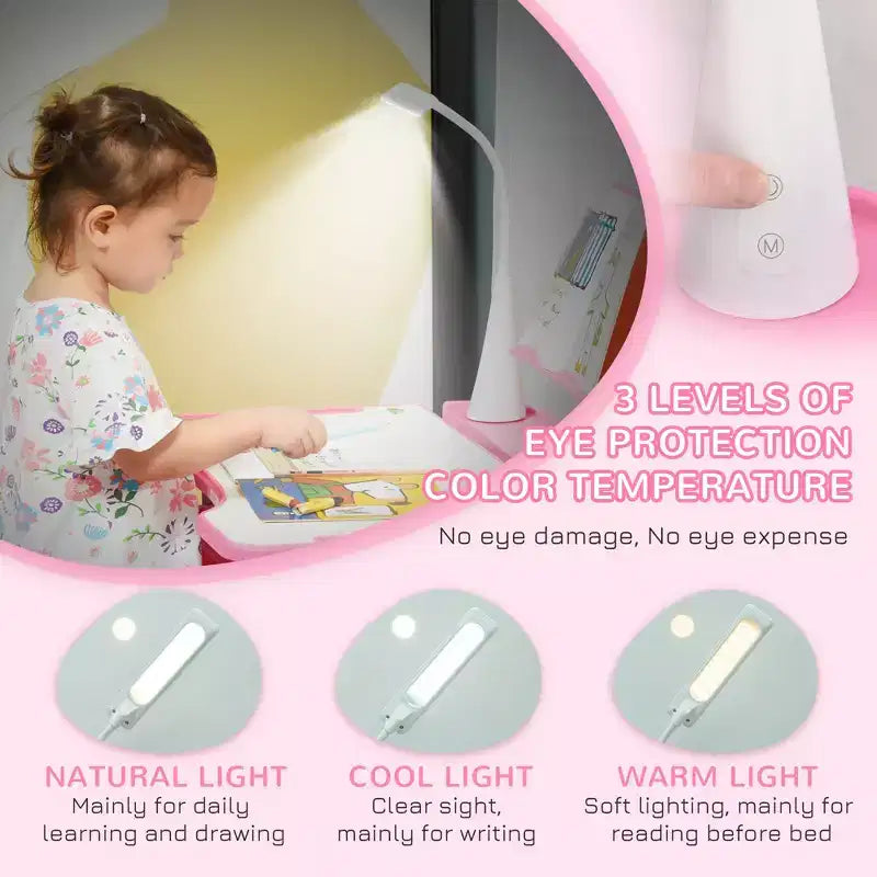 Set Tavolo e Sedia da Studio per Bambini (Blu/Grigio/Rosa) – 1 Posto, Altezza Regolabile con Lampada USB