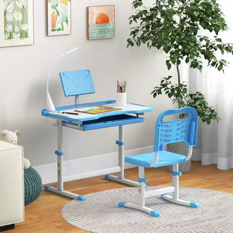 Set Tavolo e Sedia da Studio per Bambini (Blu/Grigio/Rosa) – 1 Posto, Altezza Regolabile con Lampada USB