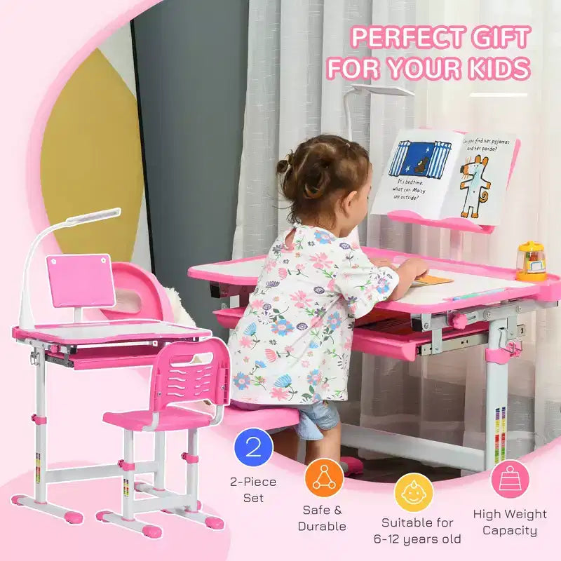Set Tavolo e Sedia da Studio per Bambini (Blu/Grigio/Rosa) – 1 Posto, Altezza Regolabile con Lampada USB