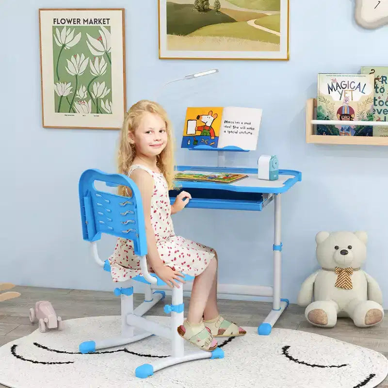 Set Tavolo e Sedia da Studio per Bambini (Blu/Grigio/Rosa) – 1 Posto, Altezza Regolabile con Lampada USB