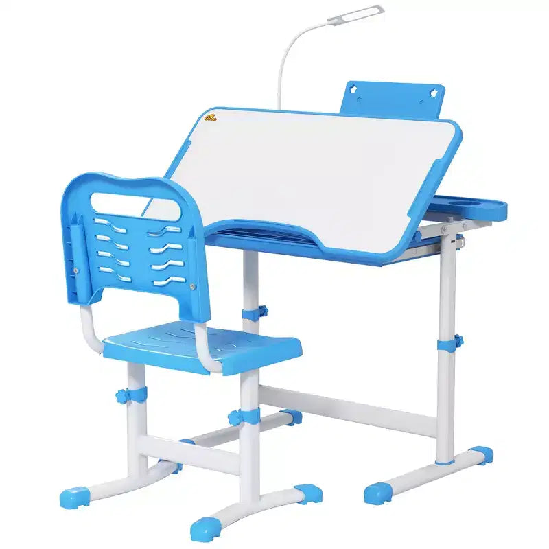 Set Tavolo e Sedia da Studio per Bambini (Blu/Grigio/Rosa) – 1 Posto, Altezza Regolabile con Lampada USB