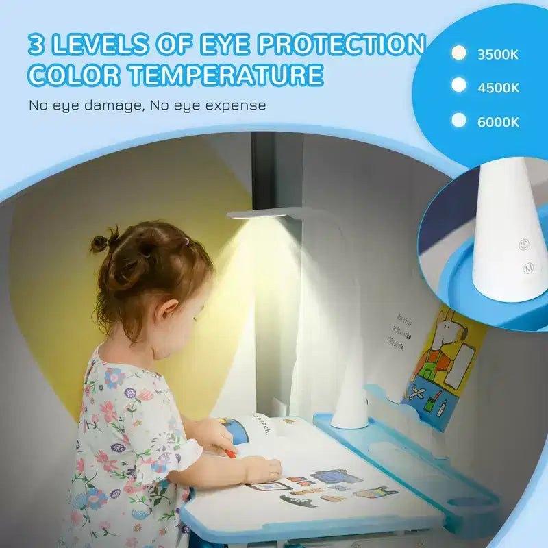 Set Tavolo e Sedia da Studio per Bambini (Blu/Grigio/Rosa) – 1 Posto, Altezza Regolabile con Lampada USB