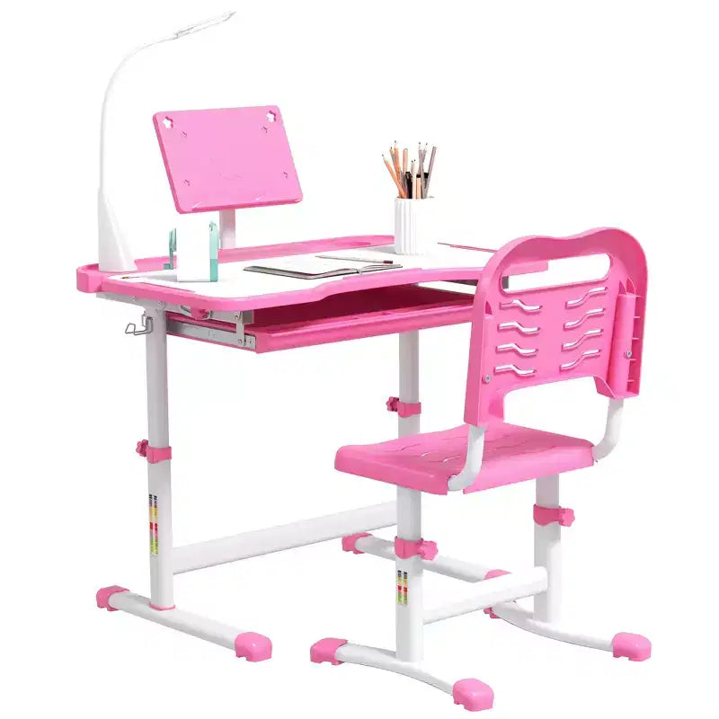 Set Tavolo e Sedia da Studio per Bambini (Blu/Grigio/Rosa) – 1 Posto, Altezza Regolabile con Lampada USB