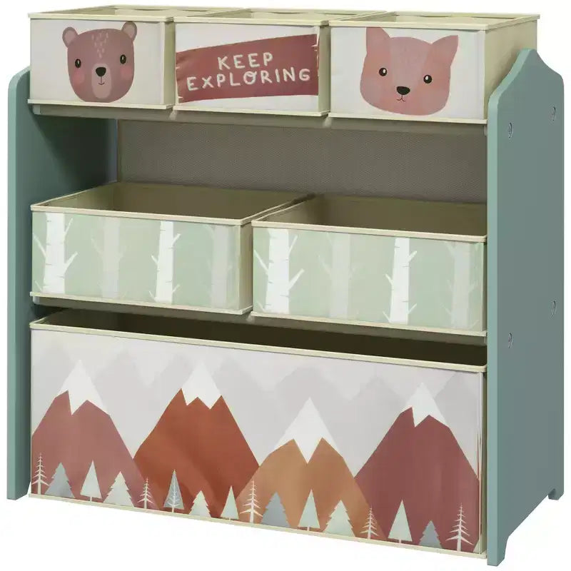 Organizer giocattoli per bambini grigio/verde con 6 contenitori portaoggetti – 1 bambino, 3 ripiani e 6 cassetti