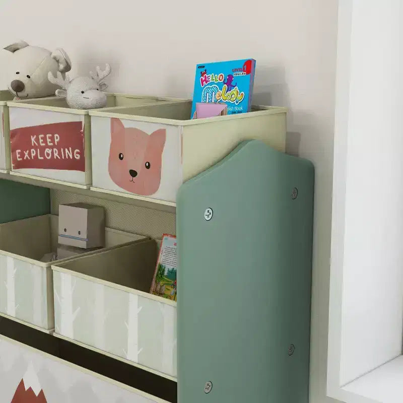 Organizer giocattoli per bambini grigio/verde con 6 contenitori portaoggetti – 1 bambino, 3 ripiani e 6 cassetti