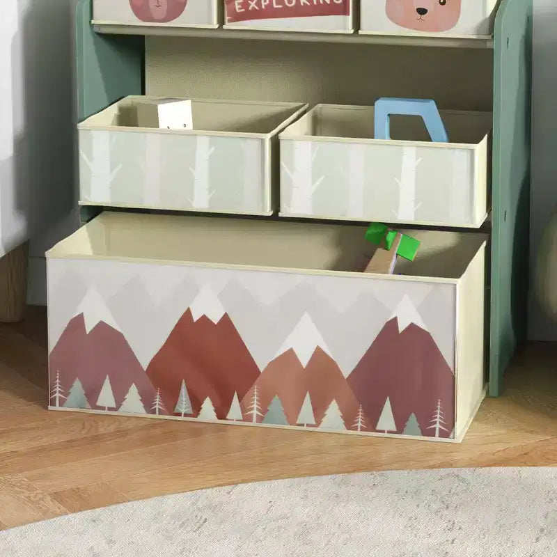 Organizer giocattoli per bambini grigio/verde con 6 contenitori portaoggetti – 1 bambino, 3 ripiani e 6 cassetti