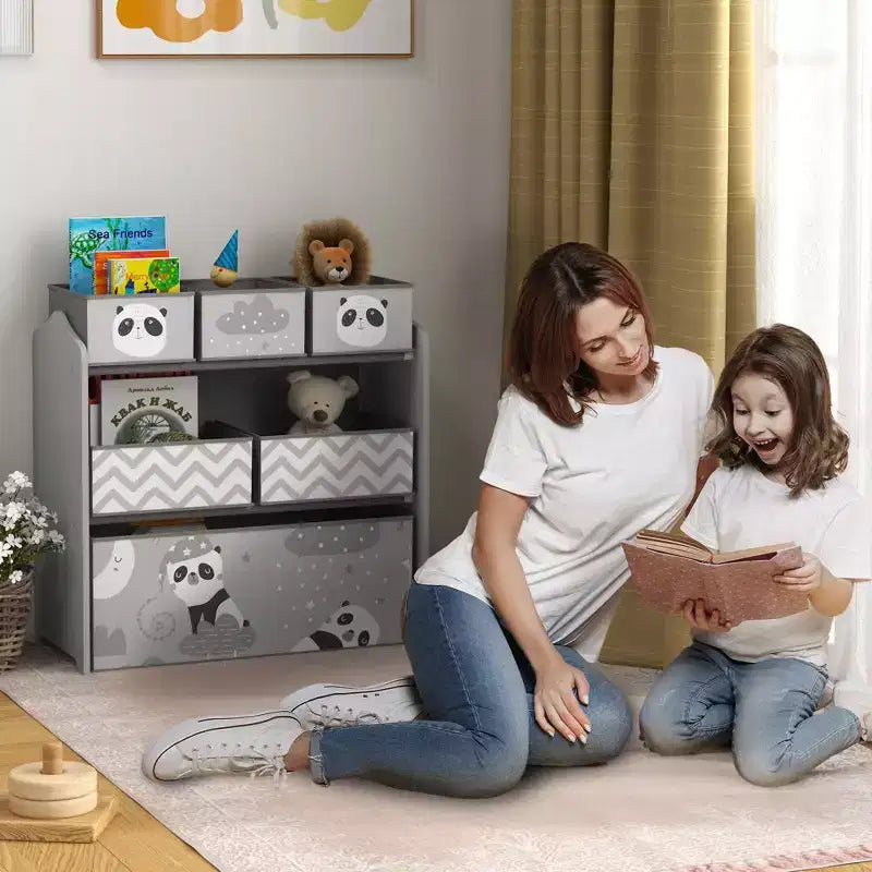 Organizer giocattoli per bambini grigio/verde con 6 contenitori portaoggetti – 1 bambino, 3 ripiani e 6 cassetti