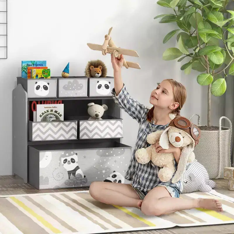 Organizer giocattoli per bambini grigio/verde con 6 contenitori portaoggetti – 1 bambino, 3 ripiani e 6 cassetti