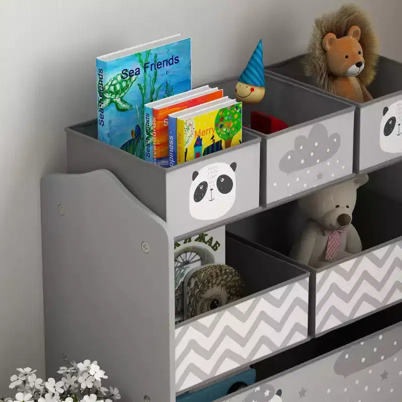 Organizer giocattoli per bambini grigio/verde con 6 contenitori portaoggetti – 1 bambino, 3 ripiani e 6 cassetti