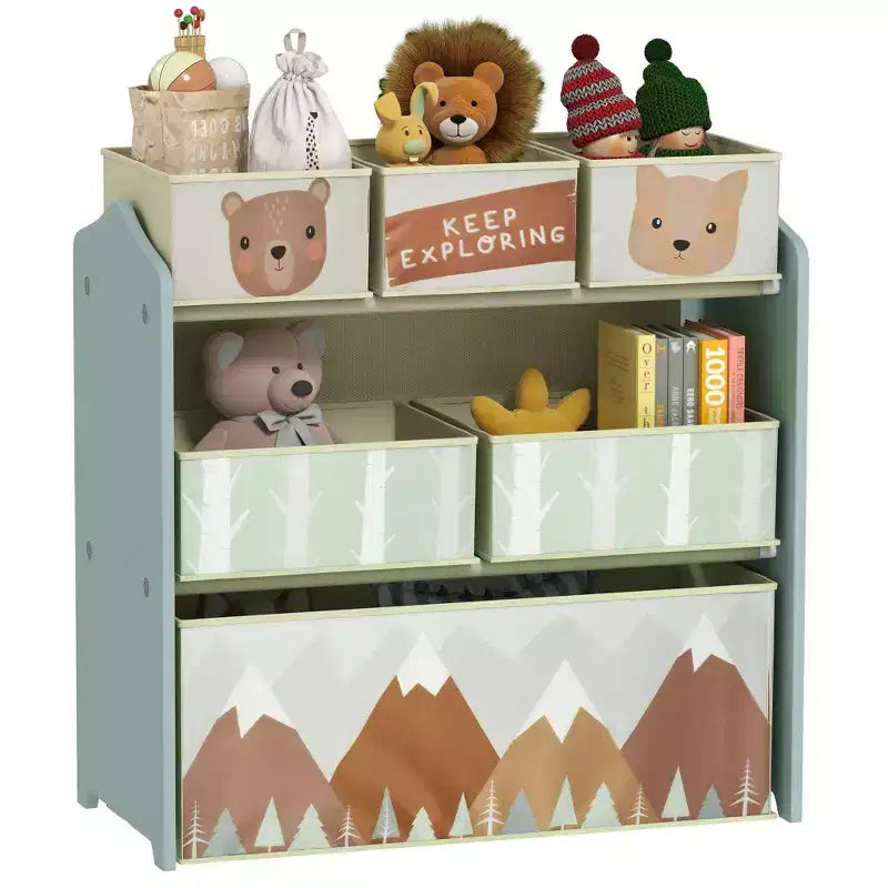 Organizer giocattoli per bambini grigio/verde con 6 contenitori portaoggetti – 1 bambino, 3 ripiani e 6 cassetti
