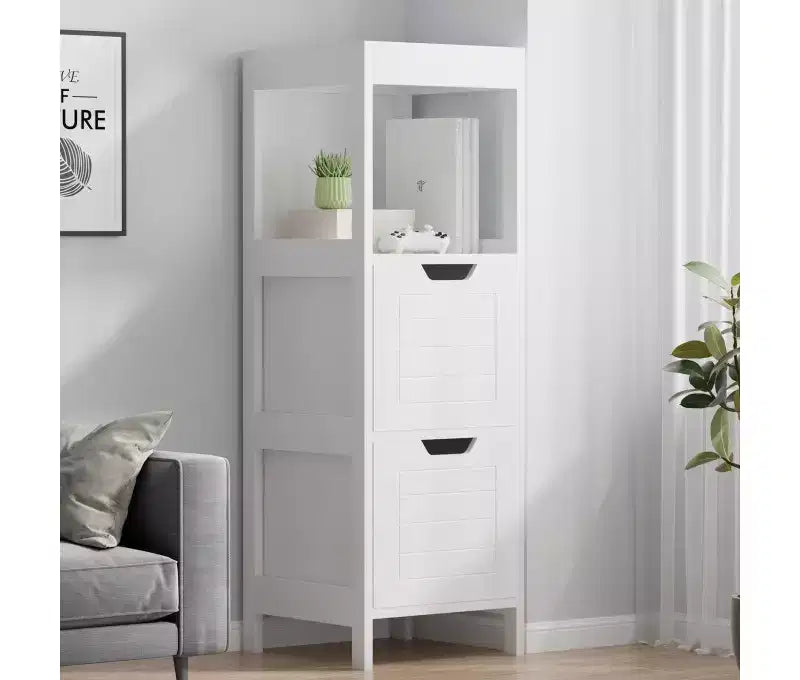 Mobiletto da bagno bianco autoportante – 3 ripiani e 2 cassetti, per 1 persona
